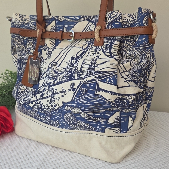 Lauren Ralph Lauren Nautical Sailors Canvas Leather Crossbody Satchel Purse Bag - Picture 2 of 14